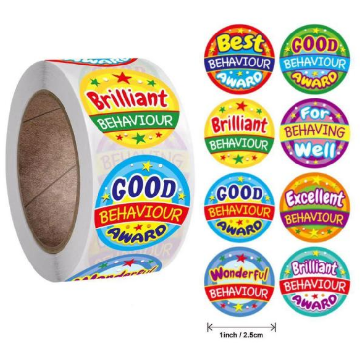 Light Gray Best Behaviour Award Stickers 500 on a roll - Colourful Teacher Merit Stickers