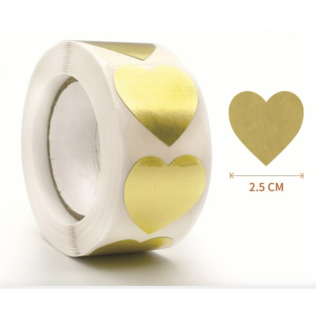 Light Gray *HEARTS Gold Shiny Stickers 500 on a roll - Colourful Teacher Merit Stickers