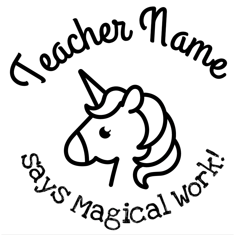 Light Gray Personalised Unicorn magical work! 30mm round Teacher Stamp Aus Made