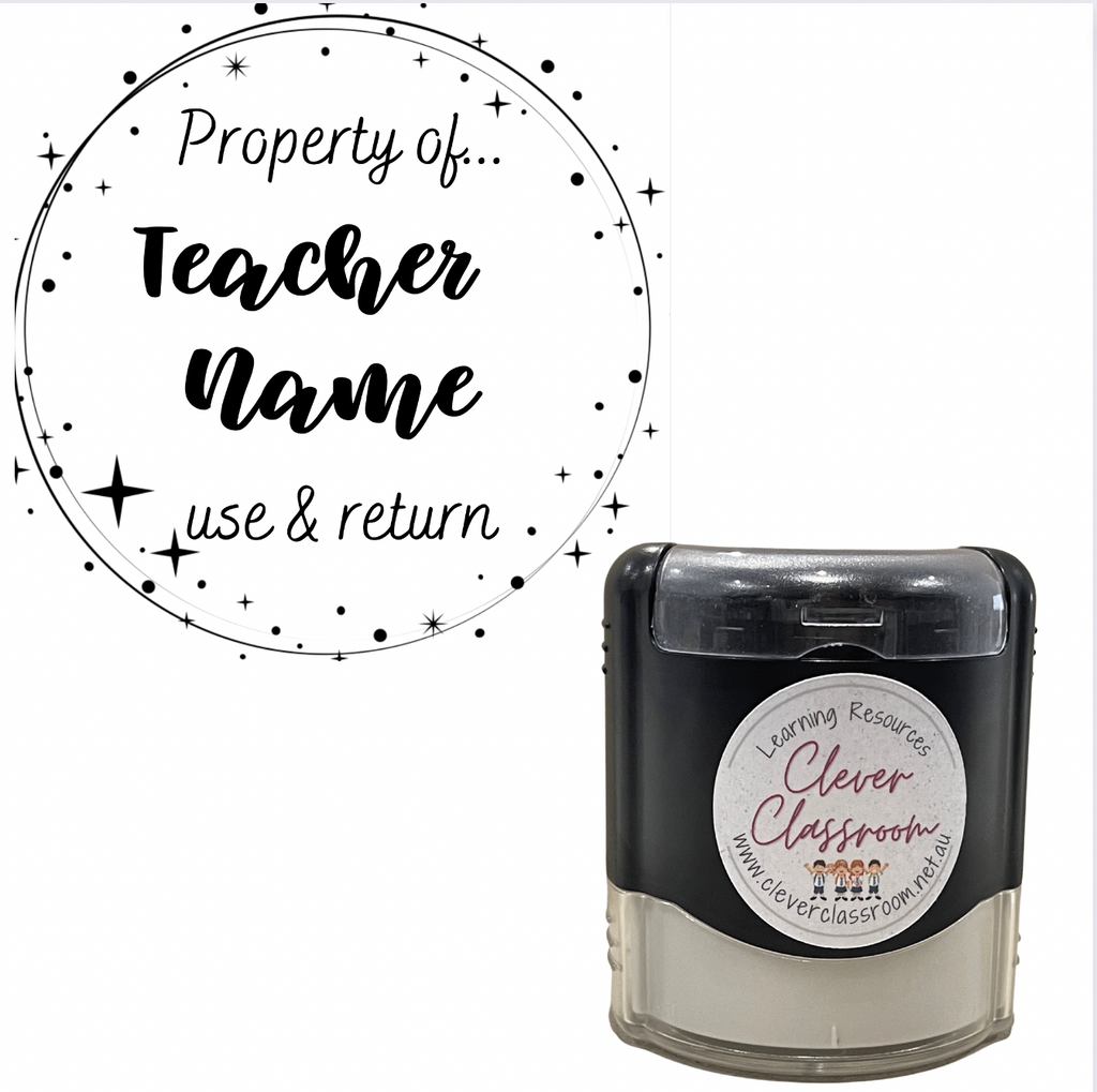 Dark Slate Gray Stars Property of... Teacher Stamp Self-inking 40mm round