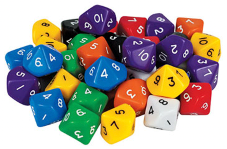 Sandy Brown 10 sided dice 16mm coloured - six colours 50 dice in a jar.