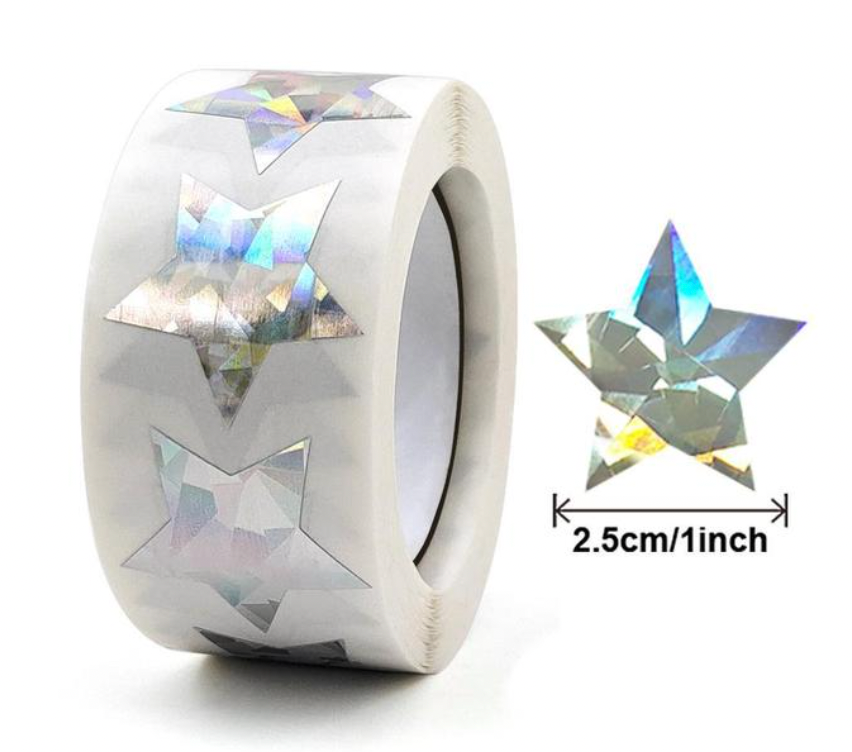 Light Gray *STARS Sharp Point Silver Metallic Holograph Stars Stickers 500 on a roll - Colourful Teacher Merit Stickers