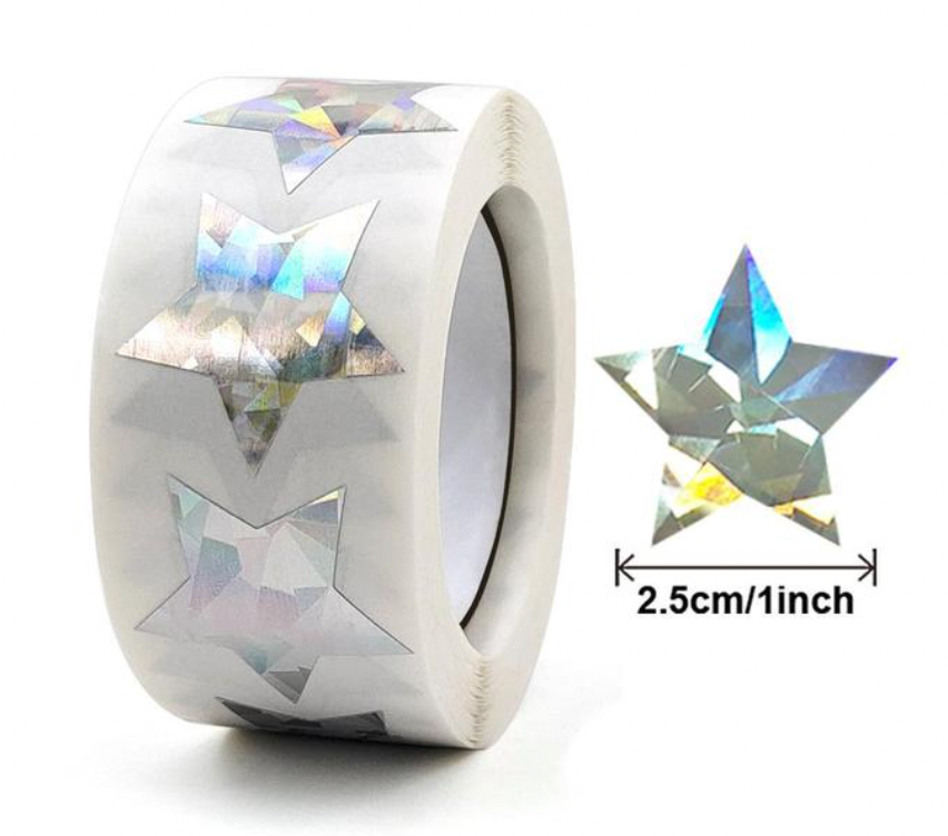 Sharp Points Sticker *STARS Silver Metallic Holograph Stars Stickers 500 on a roll - Co...