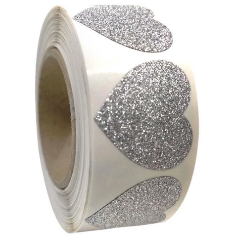 Dark Gray *HEARTS Silver Glitter Stickers 300 on a roll - Colourful Teacher Merit Stickers