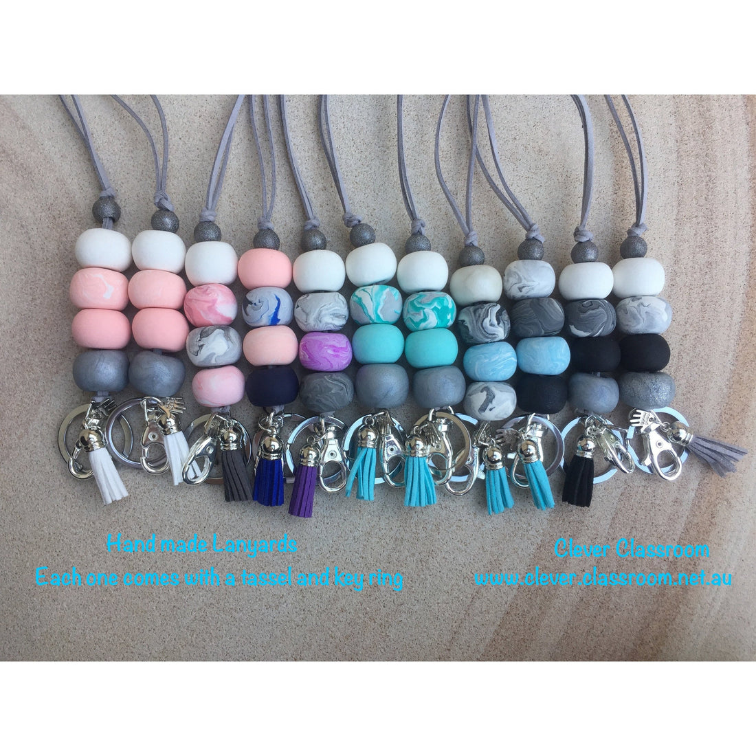 cleverclassroom-net-au - Blush, Marble and Grey Marble Polymer Clay Lanyard - with Tassel and key ring - Full Length Lanyard - Lanyard