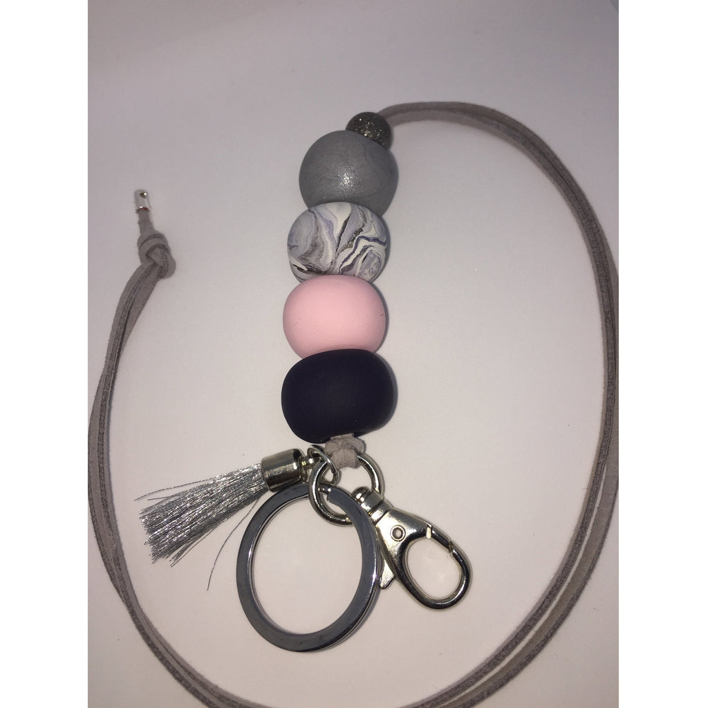 Blush Pink, Grey and Navy Blue Polymer Clay Lanyard - with Tassel and key ring - Full Length Lanyard - Clever Classroom
