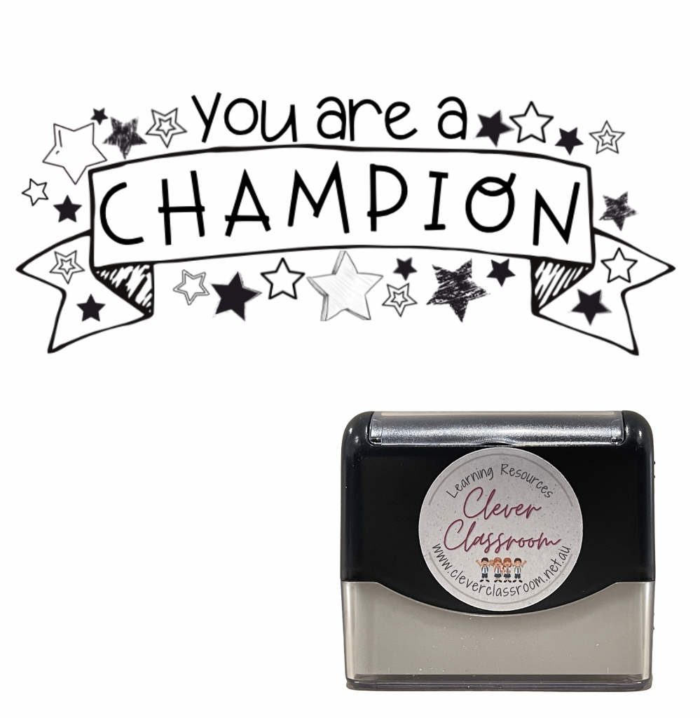 Dark Slate Gray CHAMPION!! Teacher Stamp - 22 x 64mm Rectangle