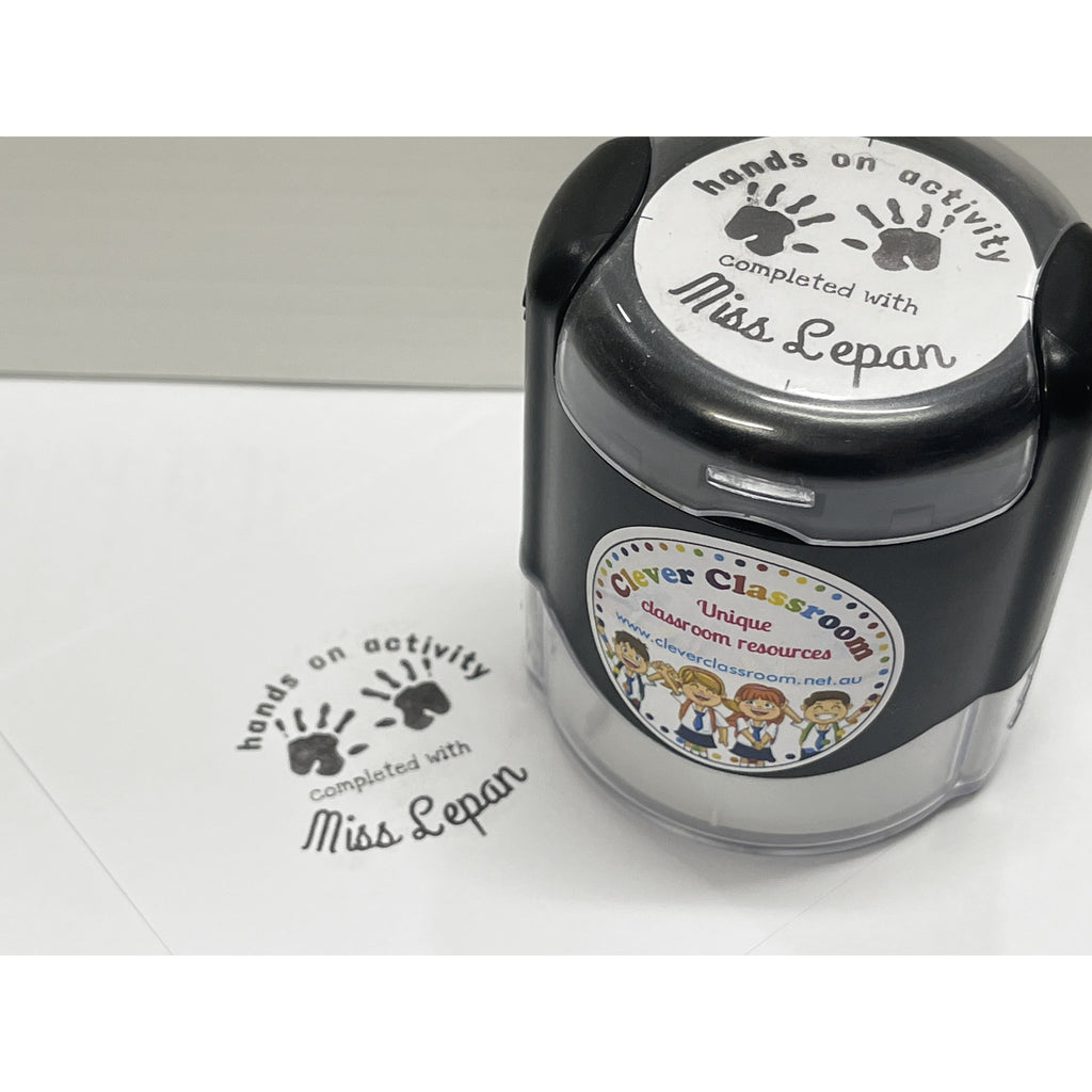 Light Gray Hands on activity.... personalised Teacher Stamp Self-inking 40mm round