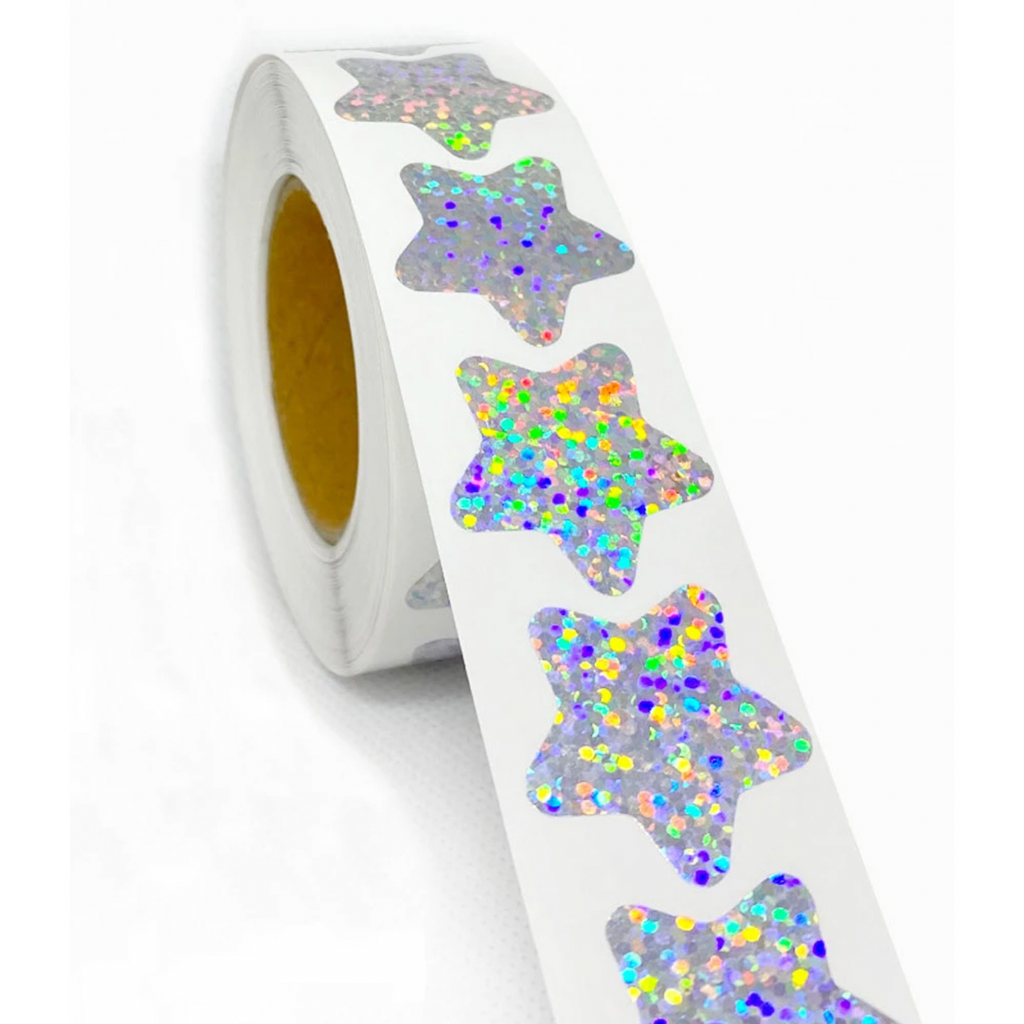 Light Gray *STARS Silver Metallic Holograph Stickers 500 on a roll - Colourful Teacher Merit Stickers