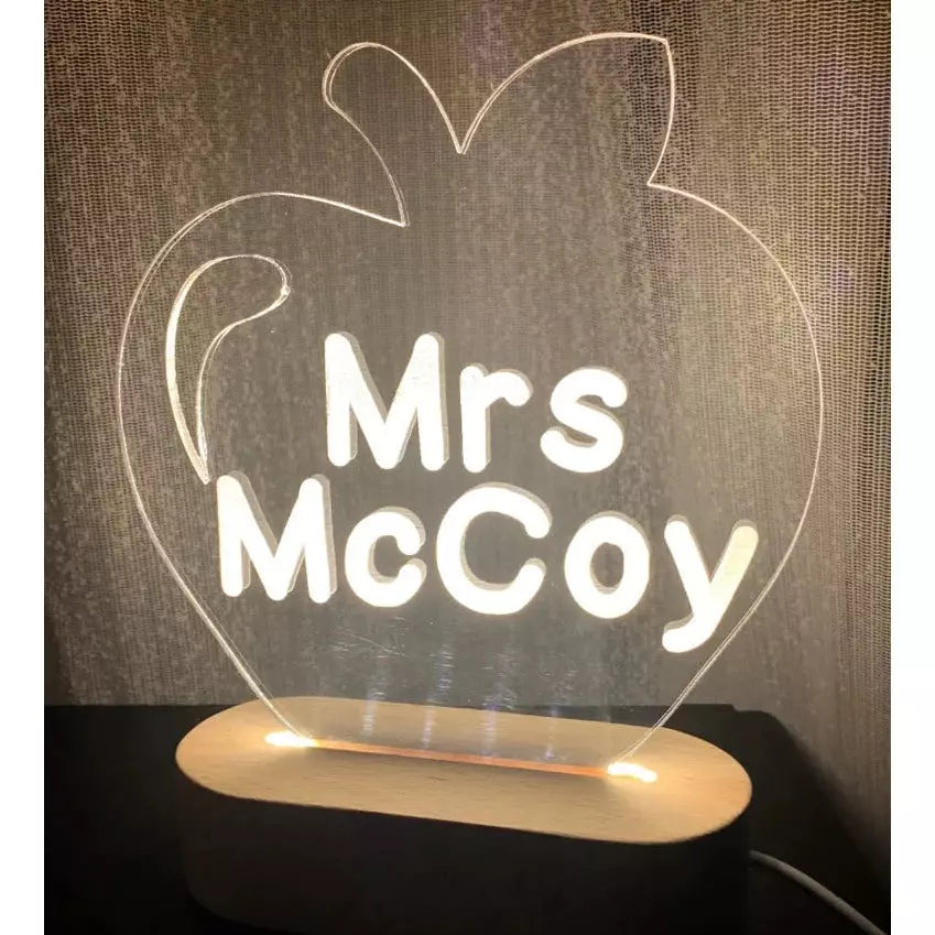 Dim Gray APPLE LED Acrylic Light with Timber base 7 colours Personalised Teacher Name Gift