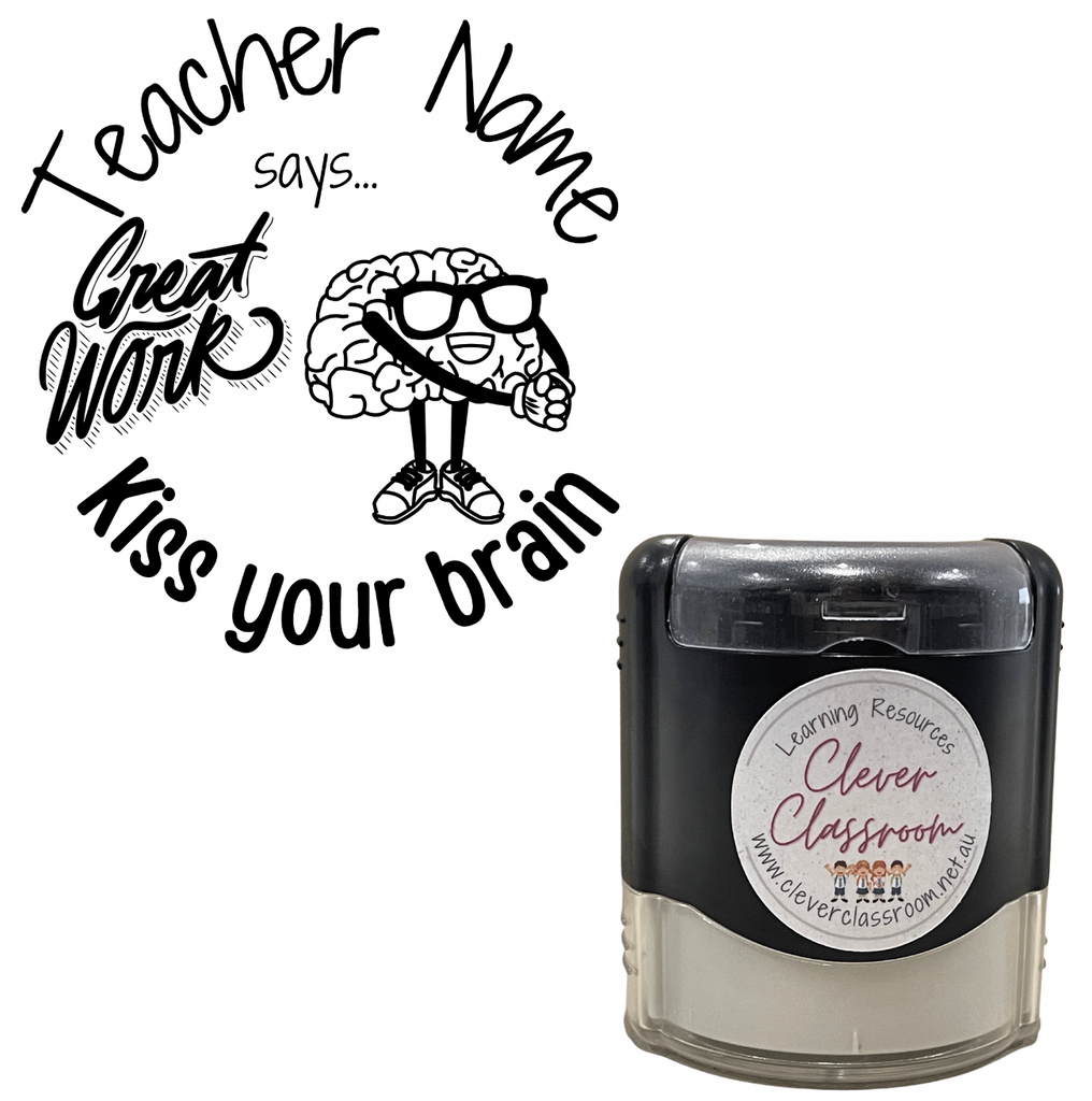 Gray Kiss your brain - personalised Teacher Stamp Self-inking 40mm round