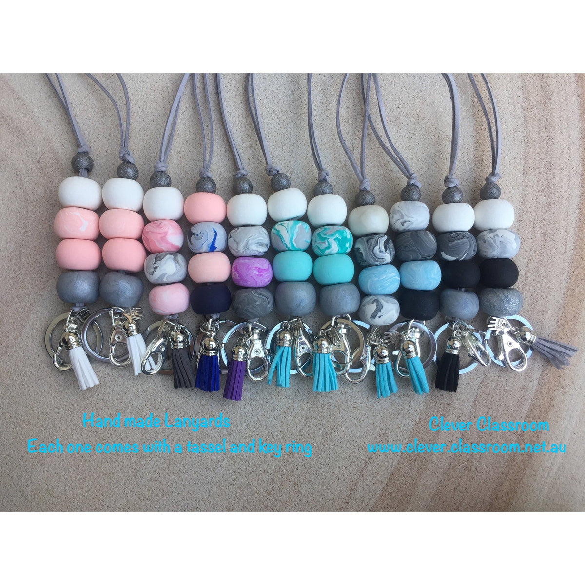 Marble and Sky Blue Marble Polymer Clay Lanyard - with Tassel and key ring - Full Length Lanyard - Clever Classroom