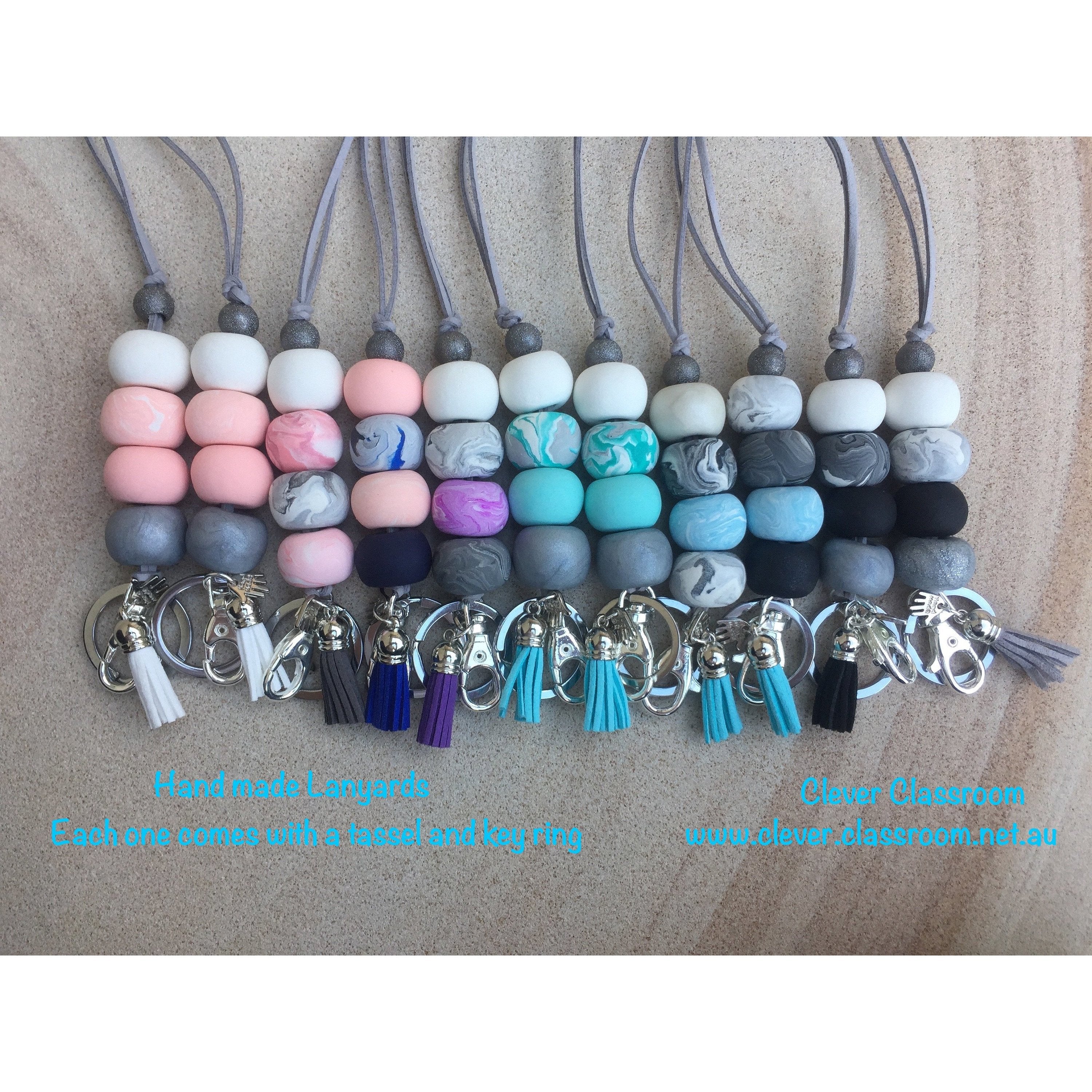 Marble and Sky Blue Marble Polymer Clay Lanyard - with Tassel and key ring - Full Length Lanyard - Clever Classroom