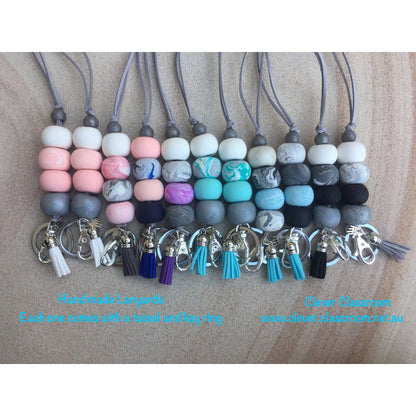 Marble and Sky Blue Marble Polymer Clay Lanyard - with Tassel and key ring - Full Length Lanyard - Clever Classroom
