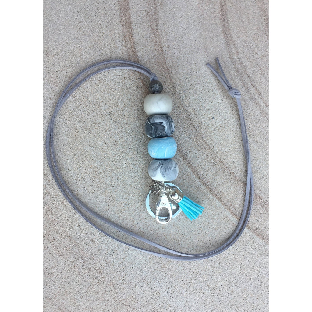 Marble and Sky Blue Marble Polymer Clay Lanyard - with Tassel and key ring - Full Length Lanyard - Clever Classroom