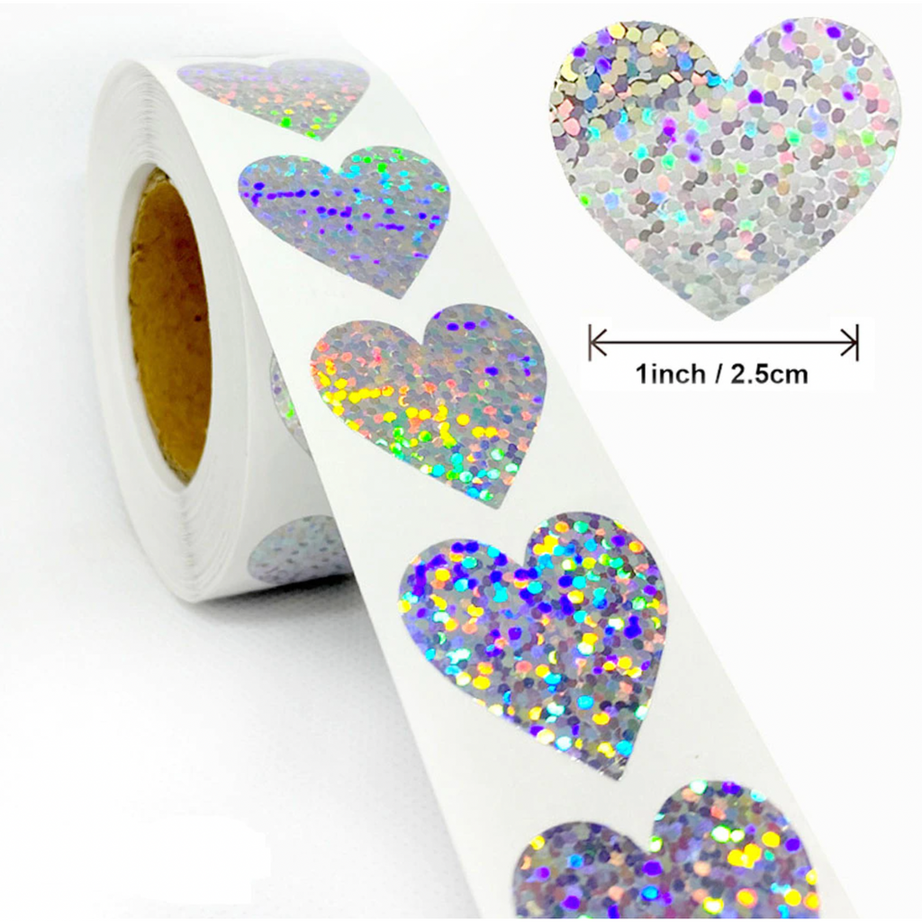 Beige *HEARTS Silver Metallic Holograph Stickers 500 on a roll - Colourful Teacher Merit Stickers