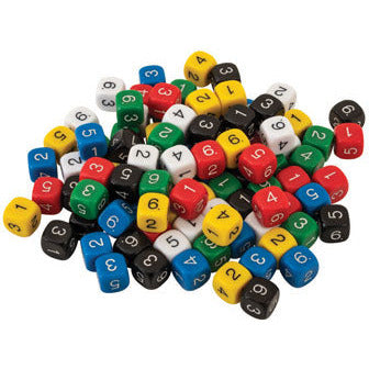 Dark Salmon Numerals Dice 16mm coloured dice 6 sided bright colours 100 dice in a jar.