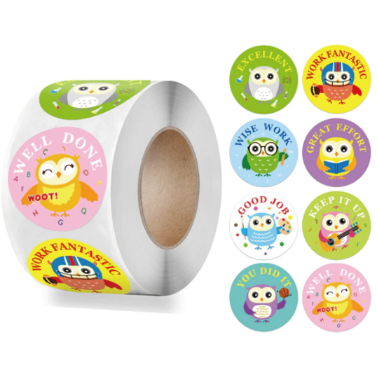 Light Gray Owls Merit Stickers 500 on a roll - Colourful Teacher Merit Stickers