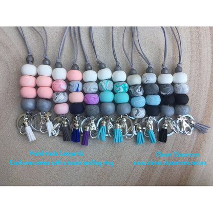 Pale Pink and Grey Marble and White Polymer Clay Lanyard - with Tassel and key ring - Clever Classroom