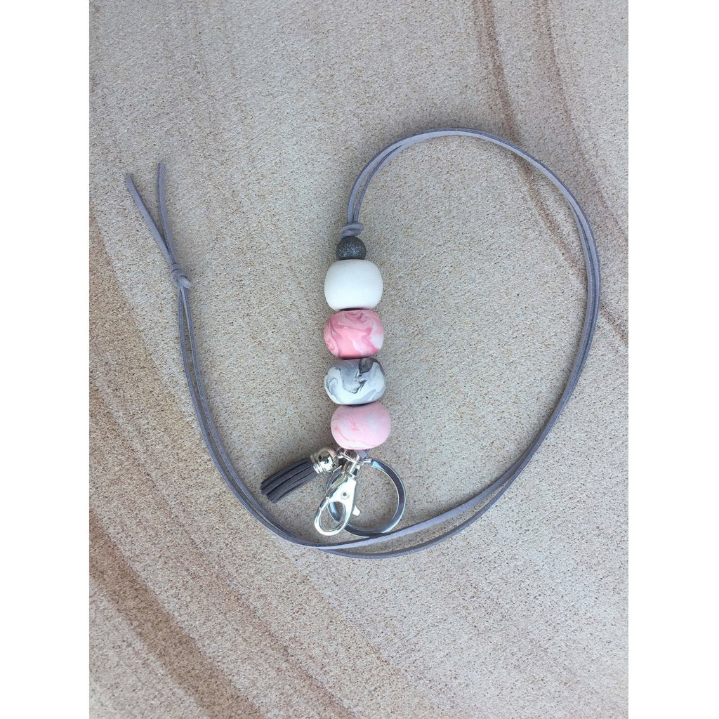 Pale Pink and Grey Marble and White Polymer Clay Lanyard - with Tassel and key ring - Clever Classroom