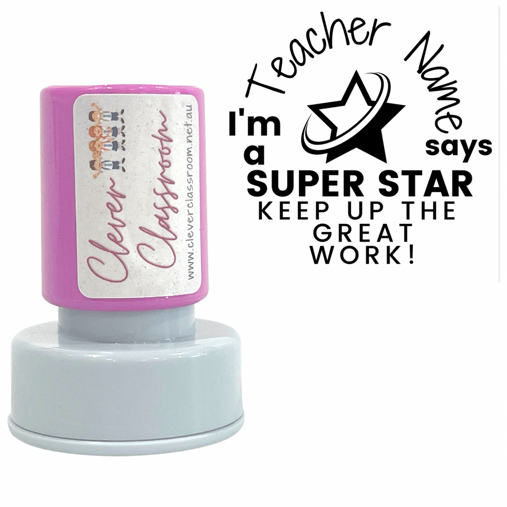 Gray Personalised Super Star Teacher Stamp Self-inking 20mm square