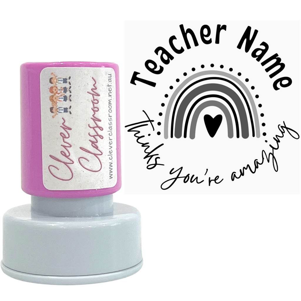 Lavender Personalised - Teacher thinks you're amazing! Teacher Stamp Self-inking 30mm round