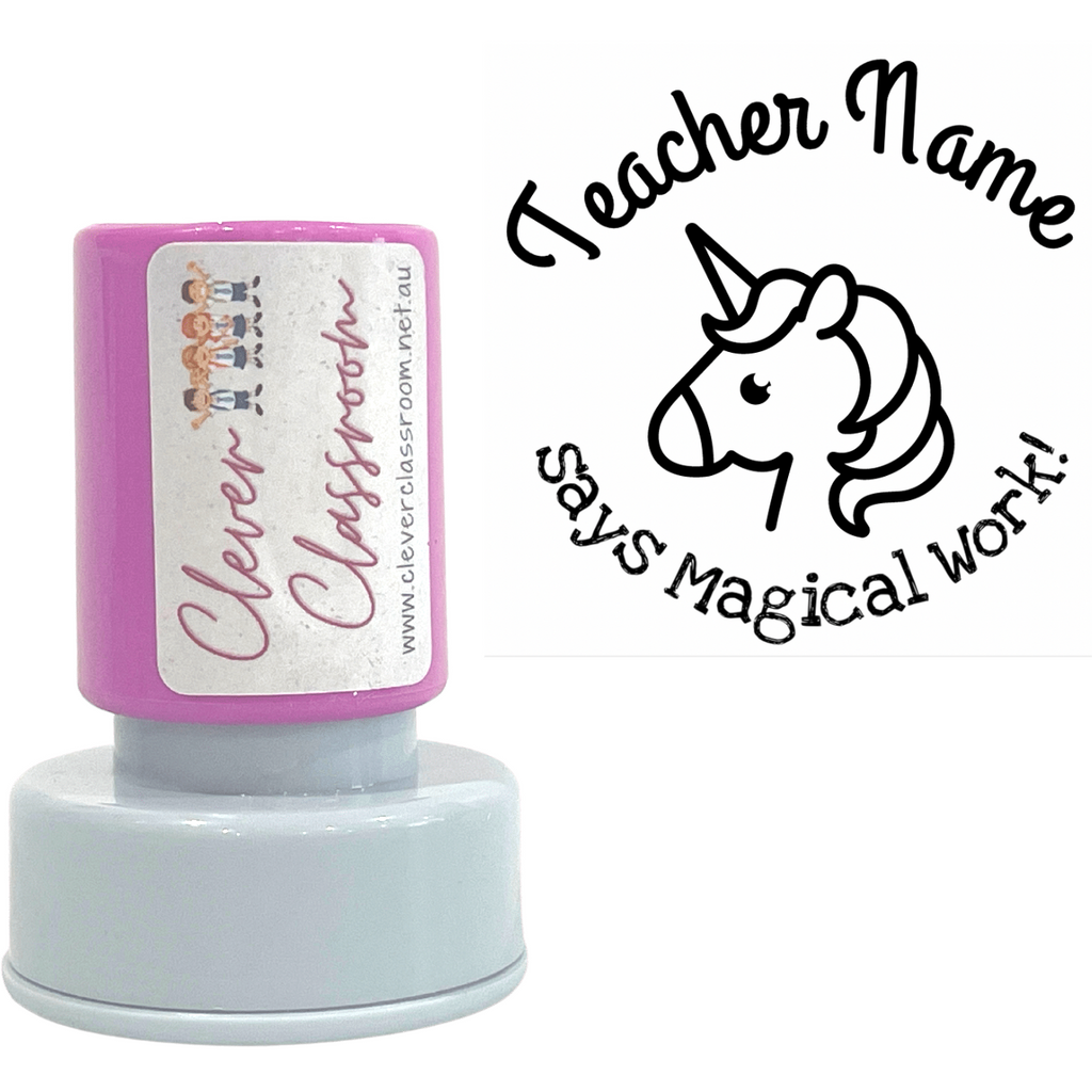 Gray Personalised Unicorn magical work! 30mm round Teacher Stamp Aus Made