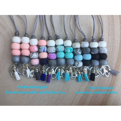 Violet, Marble Grey and White Polymer Clay Lanyard - with Tassel and key ring - Clever Classroom