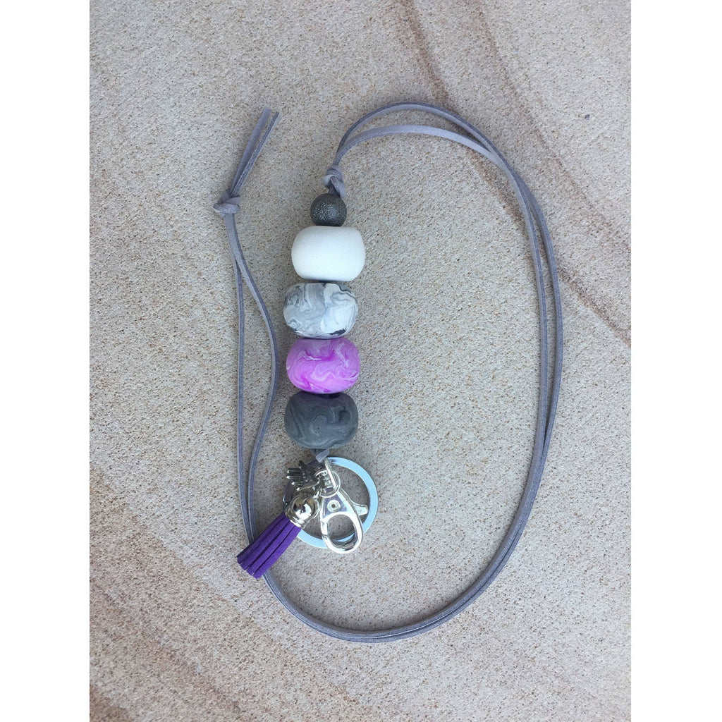 Violet, Marble Grey and White Polymer Clay Lanyard - with Tassel and key ring - Clever Classroom